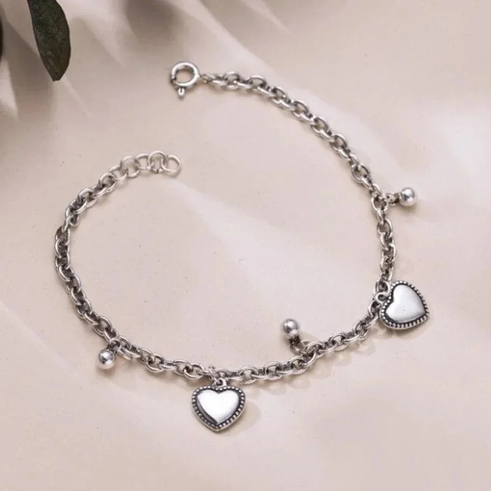925 Sterling Silver Heart Dangle Chain Link Bead Bracelet